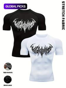 2pcs men's gothic gym t-shirts - wing print, anti-slip seams for intense training, stretch fabric, slim fit, black & white, polyester blend workout tops for fitness, bodybuilding & streetwear