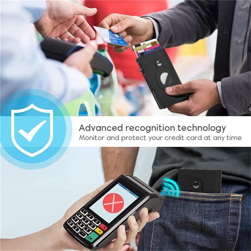 Slim Wallet for AirTag Genuine Leather RFID Credit Card Holder Automatic Pop up Wallet |   Slim Design Multipurpose Accessory for AirTag Case for Men (Black Leather)\u2026