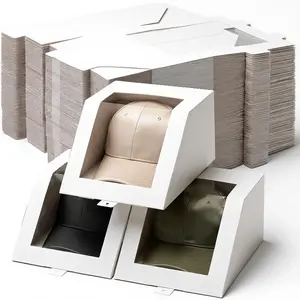 32 Pcs Hat Gift Boxes with Clear Window 8.7 x 7.7 x 4.8 Bulk Foldable Hat Shipping Box for Packing Paper PVC Baseball Cap Display Boxes, Construction, White Stackable Container
