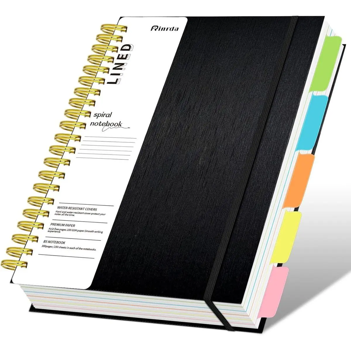 Hardcover Spiral Notebook with removable dividers 300 page,5 Subject Notebook 8"x10" B5 College Ruled Notebooks for Work Note taking，Lined Journal for Women (Black)