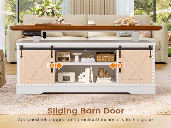 SEDETA 47.2" Farmhouse Lift Top Coffee Table Electric Standing with Storage Power Outlet Sliding Barn Door Height Adjustable for Living Room