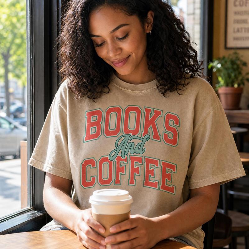 Books And Coffee Distressed Graphic Tee Booktok Book Lover Reading Shirt Women