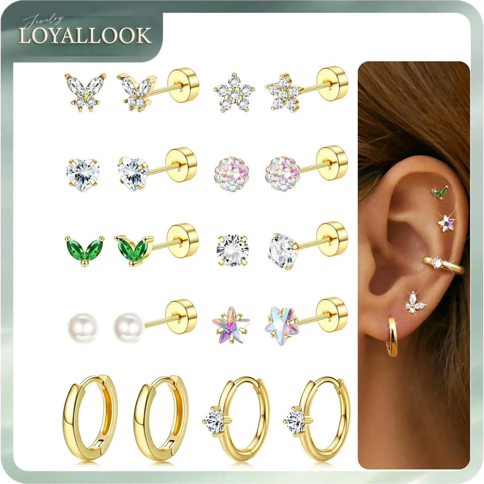 LOYALLOOK Gold Flat Back Earrings for Women Hypoallergenic Surgical Stainless Steel Earrings for Sensitive Ears Cartilage Earring Sets for Multiple Piercing Trendy Flatback Earrings Studs Small Hoop