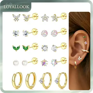 LOYALLOOK Gold Flat Back Earrings for Women Hypoallergenic Surgical Stainless Steel Earrings for Sensitive Ears Cartilage Earring Sets for Multiple Piercing Trendy Flatback Earrings Studs Small Hoop