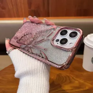 Glitter Butterfly Pattern Phone Case, Shockproof Phone Protective Cover, Phone Accessory Compatible with iPhone 12 13 14 15 16 Pro Max, Casing