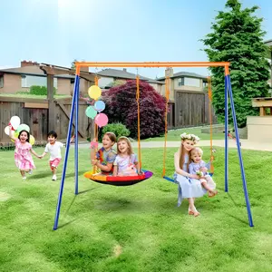VEVOR Heavy Duty Backyard Steel Pipe A-Frame Swing Set, 440lbs Load Capacity, 2 Seats (Saucer, Belt), Adjustable Rope, Ground Stakes, Outdoor Kids Play Equipment, Two Seats