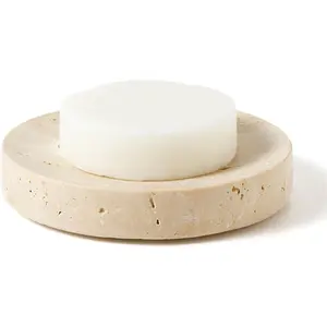 Marble soap dishes natural travertine stone sponge holder for bathroom tub shower kitchen sink handcraft round soap case trinket plate jewelry tray coaster for home decor color beige wh046
