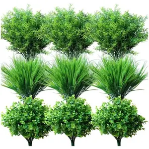 18Bundles UV Resistant Artificial Shrubs, No Fade Plastic Fake Greenery Grass Flowers, Realistic Faux Plants for Indoor Outdoor Garden Patio Wedding Home Farmhouse Decor