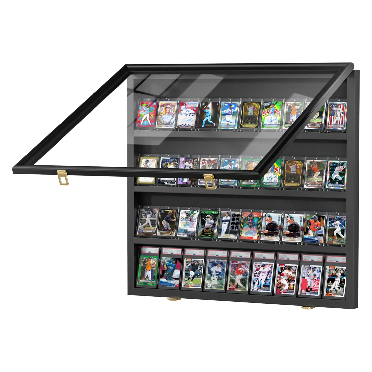 BOSCODEER 36-Card Capacity Graded Sports Display Case, 4x9 Grid Pattern Frame with Top-Opening Hinged Door, Lockable Wall-Mount Acrylic Glass & Gold Locks for Baseball Basketball
