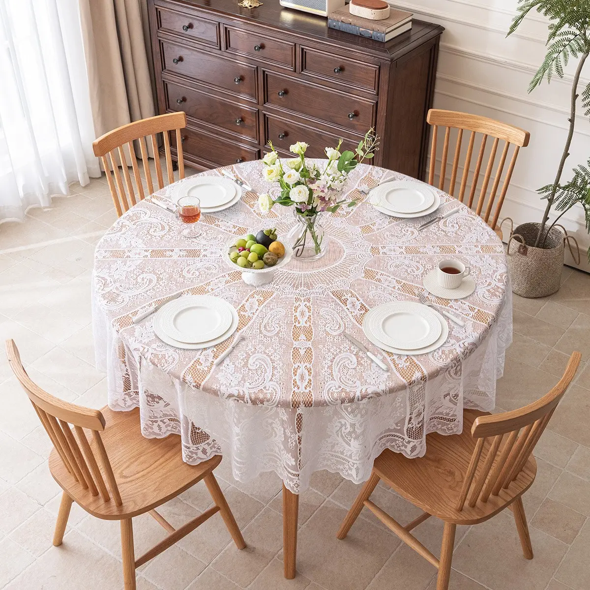 1pc Knitted Lace Tablecloth, Decorative Trendy Hollow Out American Farmhouse Style Festive Holiday, Round 185cm Dining Table Decoration Cover Cloth