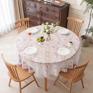 1pc Knitted Lace Tablecloth, Trendy Hollow Out American Farmhouse Style, Round 185cm Dining Table Decoration Cover Cloth