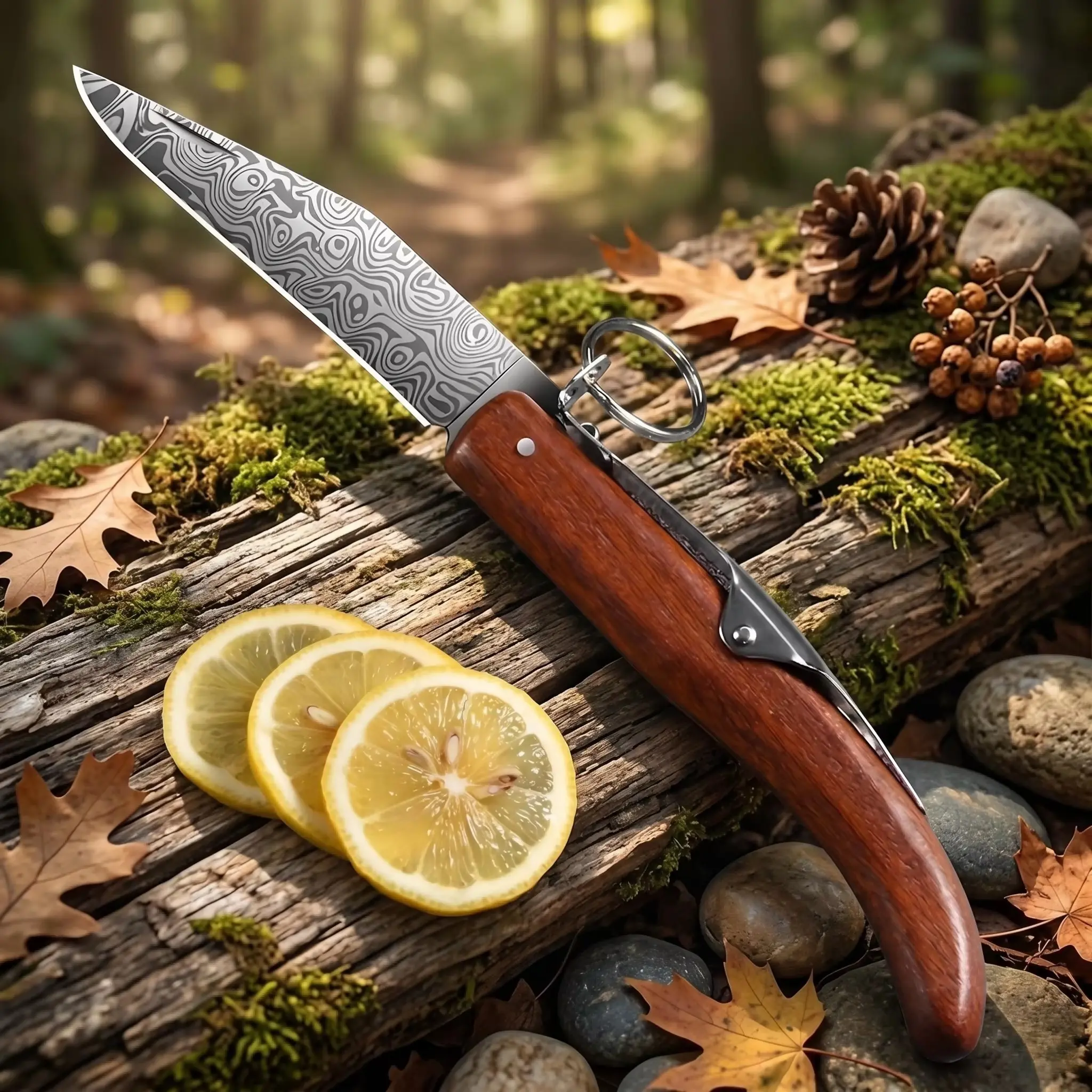 New Damascus Pattern Folding Fruit Knife with Wood Handle - Portable Stainless Steel Paring Knife for Kitchen Sharp Utility Peeling Knife with Keychain Ring Outdoor Folding Tool Camping Portable Knives
