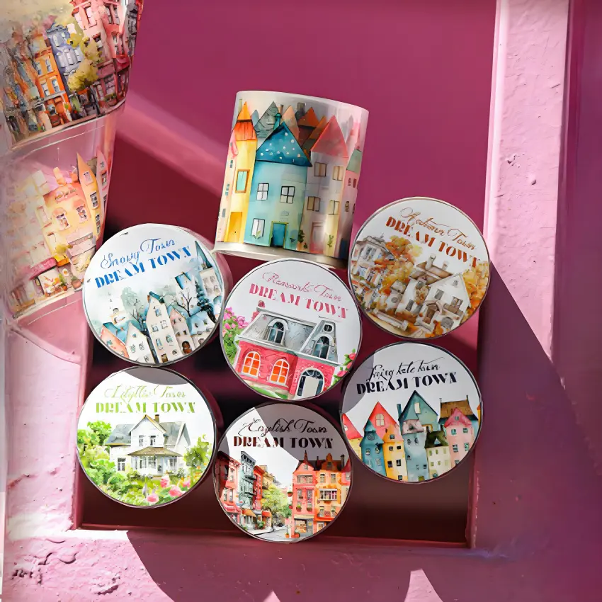 Vintage Water-Resistant Washi Strips Tape Set - 6 Pcs Long Adhesives & Fasteners with House Patterns, Self-Adhesive Office Stationery for DIY Journal Embellishment, Scrapbooking