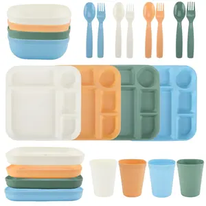 24-Piece Plastic Square Dinnerware Set with 4 Trays Bowls Plates Cups Forks Spoons in Cream Orange Green Blue Colors