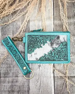Women's Sage River Hand-Tooled Hairon Leather Card Holder, Frontier Aqua Wristlet Wallet with Wristlet by Myra Bag, Wristlet Wallets