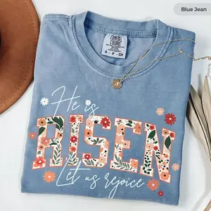 Comfort Colors He Is Risen Let Us Rejoice Shirt, Christian Easter Floral Graphic Tee, Faith Based Religious T-Shirt, Bible Scripture Church Apparel, Vintage Unisex Garment Dyed Tee