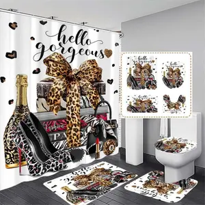 Leopard Print Bow High Heels, Lipstick, Handbag, Hello Gorgeous Pattern, Shower Curtain with 12 Hooks, Modern Bathroom Decor Gift