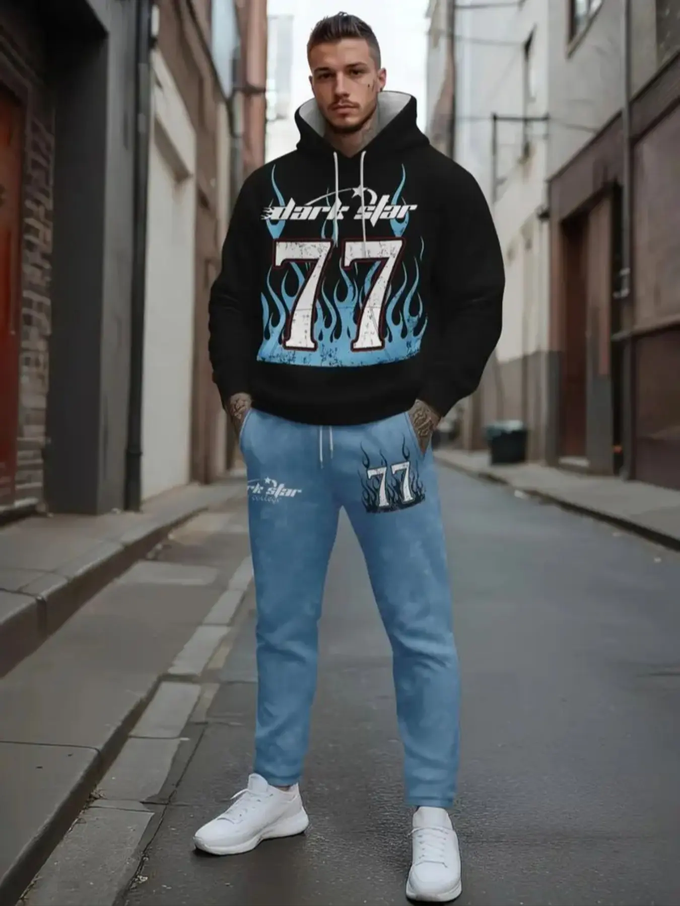 Men's 3D Shark Print Hoodie and Pants Set, Casual Sporty Fitted Design, Micro-Elastic Fabric, Ideal Gift for Spring & Fall