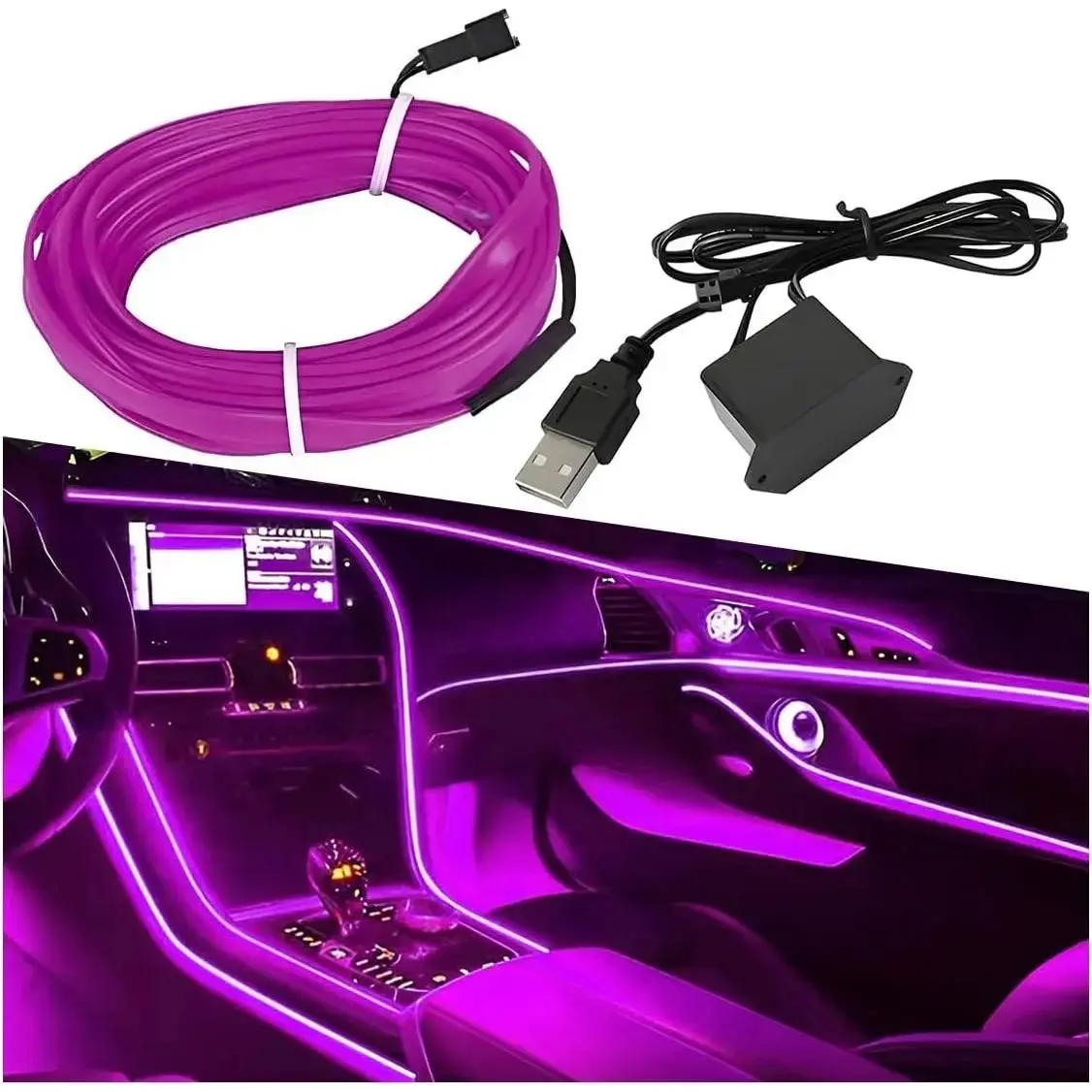 EL Wire  Interior LED Strip Lights, 5V 16FT Neon Light Strip with Sewing Edge, USB Electroluminescent  Interior Lights with Fuse Protection,  Ambient Lighting Decorations ()