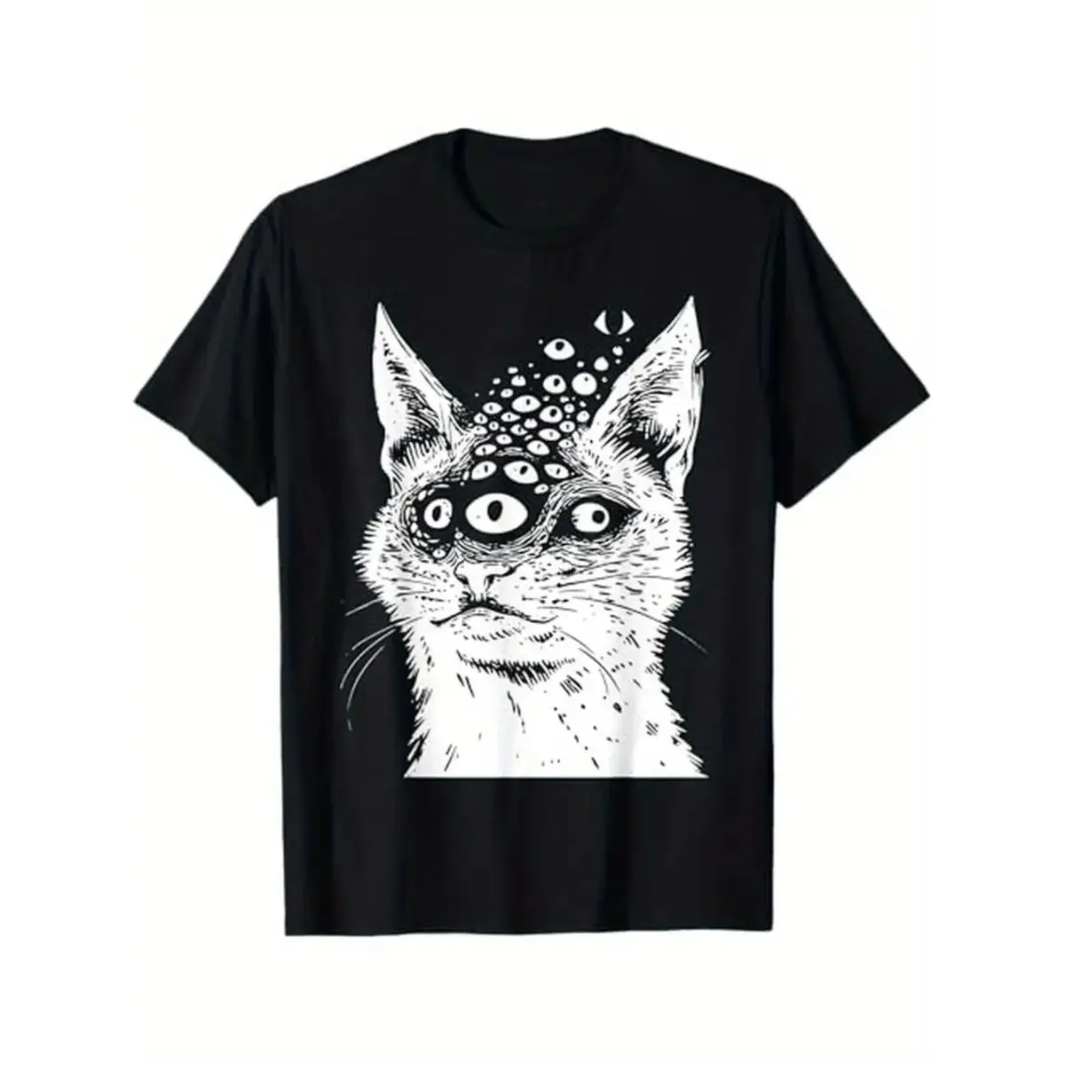 Weirdcore Goth Creepy Cat Graphic T-Shirt, Heavyweight 100% Cotton Unisex Casual Tops with a Round Neck, Print