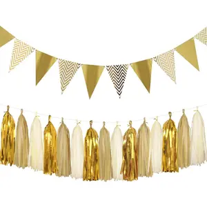 Sparkly Paper Pennant Banner Triangle Flags Bunting 8.2 Feet and Tissue Paper Tassels Garland 15 pcs for Baby Shower Birthday Party Decorations Metallic Gold
