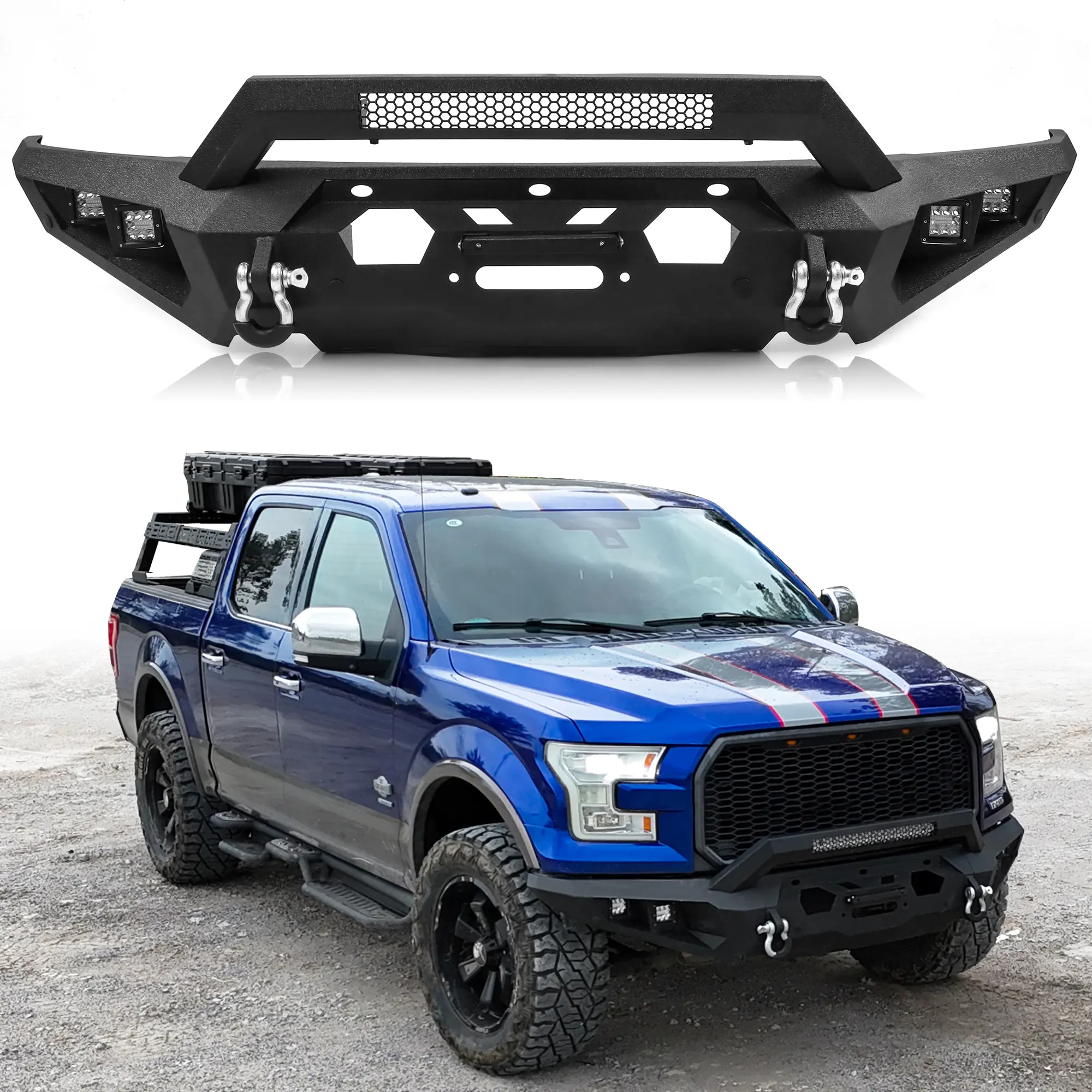MONOKING Carbon Steel Front & Rear Bumper with 144W LED Light Bar, Winch Plate, Square Lights, D-Rings & Detachable Mesh Cover for 2015-2017 F150 (Excl. Raptor & Ecoboost)