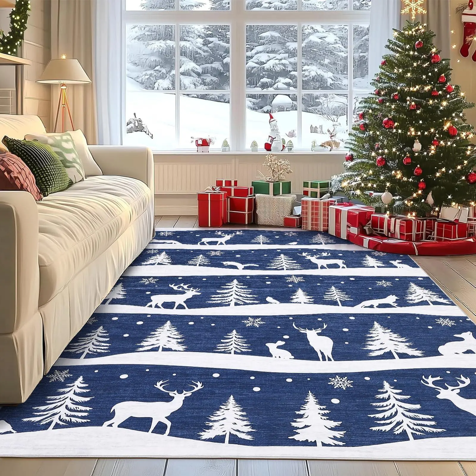 9x12 Blue Indoor Non-Slip Low-Pile Runner Rug - Home Decor Kitchen Area Rug with Christmas Tree, Reindeer, Snowflake for Entryway, Living Room, Home Decor Rug