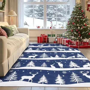 Blue 9x12 Runner Rug,Indoor Non Slip Carpet,Soft Low Pile Christmas Rugs with Xmas Tree Reindeer Snowflake for Kitchen,Entryway,Living Room,Bedroom