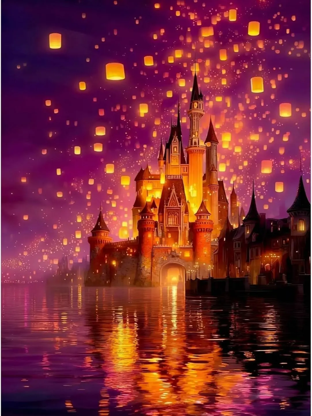 5D Full Drill Diamond Painting, Fantasy Castle with Sky Lanterns & Water Reflection, Magical Purple Night Scenery DIY Wall Art