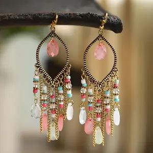 Crystal Beaded Metal Tassel Earrings Long Beaded Teardrop Dangle Earring Bohemia Style Handmade Seed Bead Tassel Hollow Earrings Vintage Dangle Earrings Boho Hoop Earrings Set For Women