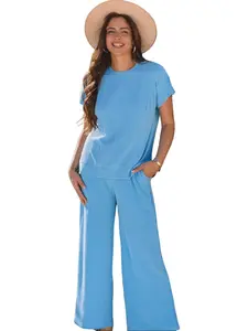 Blue Solid Corded Knit Short Sleeve T Shirt and Wide Leg Pants Set - Casual Comfortable 75% Polyester 20% Viscose 5% Elastane Fabric Womenswear Clothes Everyday Suits Top