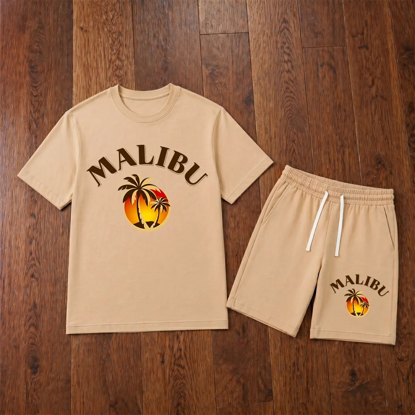 Men’s Malibu Palm Tree 2-Piece Tropical Menswear Set - Loose Casual Short-Sleeve Graphic T-Shirt, Elastic Waist Drawstring Shorts, Soft Breathable Summer Beach Vacation Wear, Shortsleeve, Minimalist, Outdoor, Athletic, Round Neck, Fabric, Outfits, Crew Ne