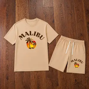 Men’s Malibu Palm Tree 2 Piece Outfit, Graphic Short Sleeve T Shirt with Elastic Waist Drawstring Shorts, Soft Breathable Summer Matching Set for Beach Vacation, Resort Wear, Travel, Weekend Relaxing, Street Style and Everyday Comfort