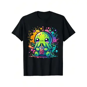 Cthulhu Kawaii Anime Alien Bubble Tea Men's Summer Casual T-Shirt, Comfortable - Breathable, Soft, Slightly Stretching, Street Hip Hop Style T-Shirt 100% Cotton All-Season Wear Individuality Unisex Top