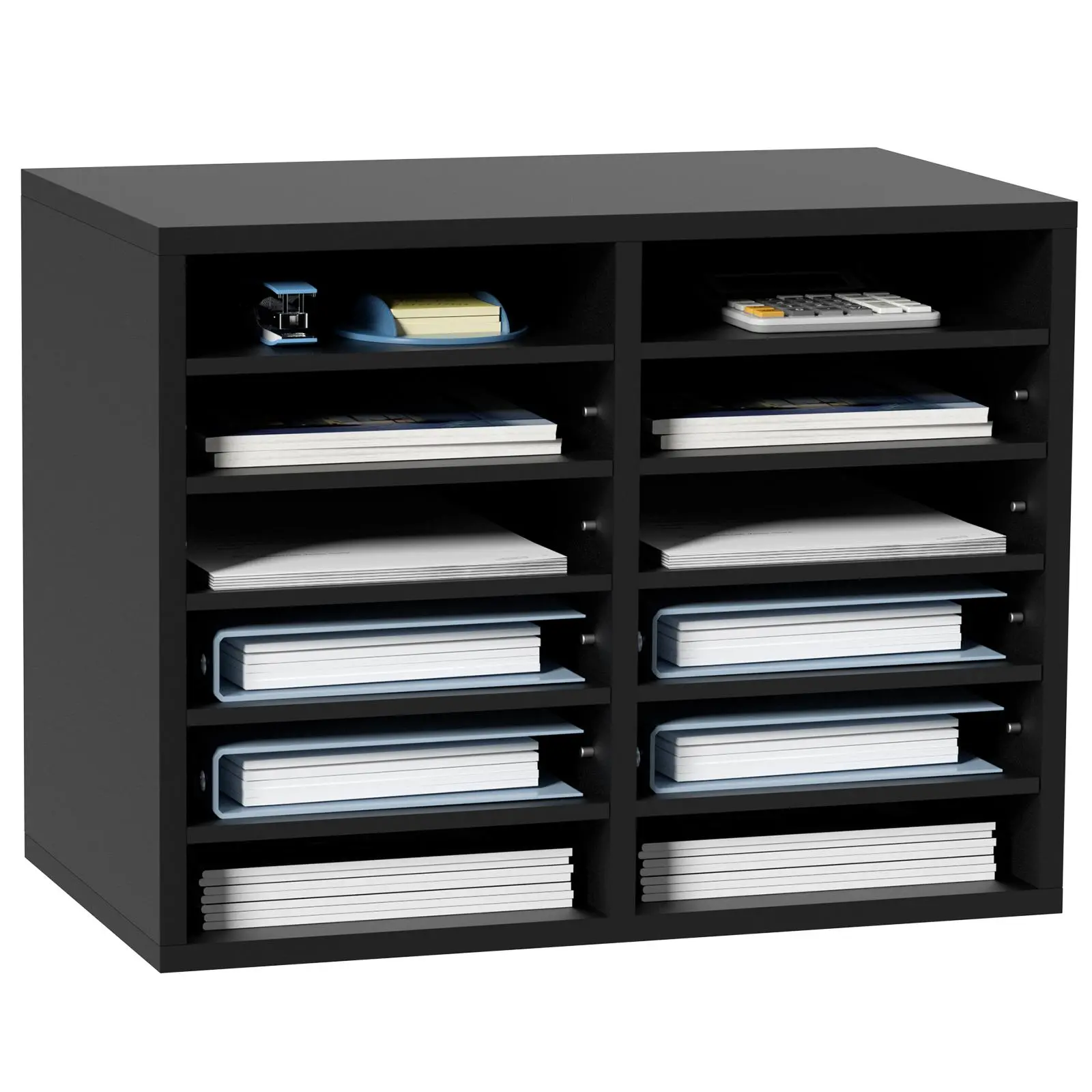 【summerfinds】VEVOR Wood Stationery Organizer - 12-Compartment Desk Tidy, File Rack with Removable Shelves, Mail Slot, EPA-Certified Book Holder for Office, Home Use, Black Office Supplies, File Rack Organizer, Paper Organizers, Desk Organizer Tidy