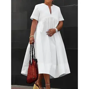 Plus-Size Women'S Fashion Casual Loose Solid Color Dress HRA070 Collar Fit dress summer outfits Polyester Shortsleeve