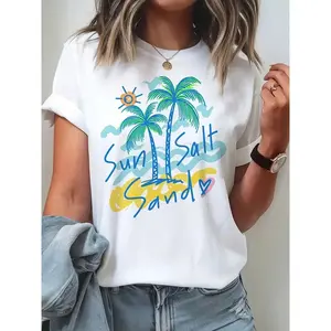 Women'S Tropical Palm Tree & Sun Salt Graphic T-Shirt - Soft Breathable Short Sleeve Round Neck Summer Beachwear Top With Turquoise & Coral Print, Casual Elegant Everyday & Party Wear, All-Season Comfort Fit White Tee For Women