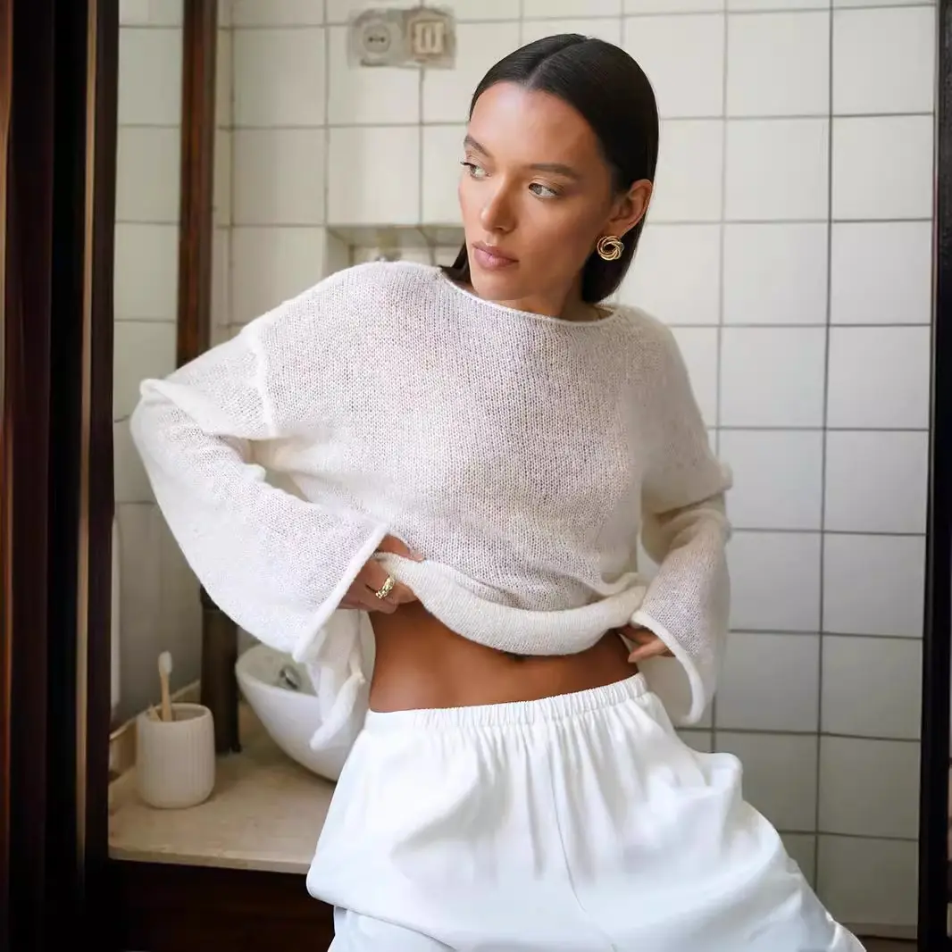 2025 New Women's Hollow Knitted Sweater – Thin See-Through Pullover with Large Round Neck and Flared Trumpet Sleeves, Elegant and Fashionable Style