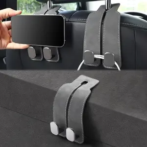 Headrest Purse Hook for , Seat Hook Hangers Storage Organizer for Bags and Coats Holder, Upgrade Leather Double Hook and Mobile Phone Holder for Universal   Accessories (Grey)