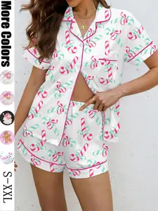 【Christmas】Women's Christmas Print Pajama Set, Casual Holiday Sleepwear, Soft Shirt Collar Top & Elastic Shorts, Comfortable Home Wear