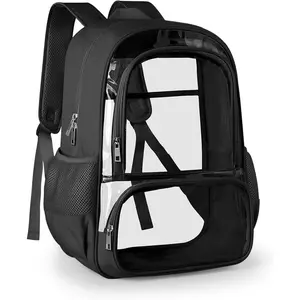 Clear Backpack, Fabric & PVC Transparent Backpack with Reinforced Strap for Women Men, Heavy Duty Transparent Bookbag, Large Capacity Clear Bag, Travel, , Black