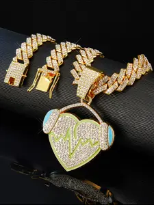 2-piece headphones, heart-shaped pendant necklace set, Heart design necklace, unisex, Beating heart, green oil-dripping pendant paired with Cuban Link Necklace, gold and silver optional jewelry set, Valentine's Day gift, couple gift