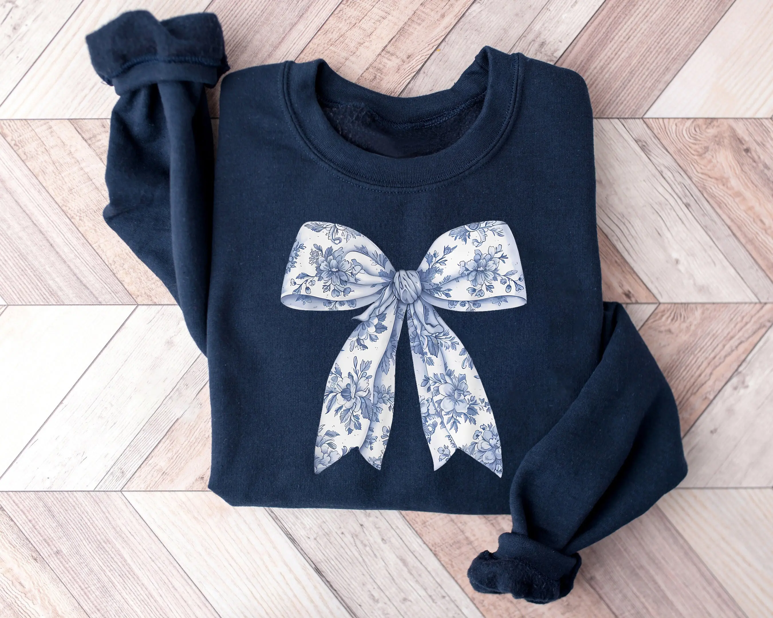 Coquette Bow Sweatshirt, Blue Ribbon Sweater, Girly Aesthetic Crewneck, Blue Floral Bow Shirt, Floral Bow Sweatshirt, Gift For Her, Cute Coquette Bow Shirt