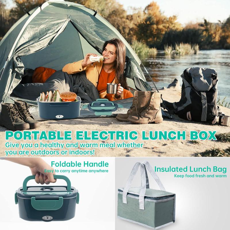 Electric Lunch Box for Adults, 1.5L 60W Leakproof Heated Lunch Box | 12/24/110/220V Portable Food Warmer for Car, Truck, Office with SS Fork&Spoon and Insulated Carry Bag , Lonchera Para Trabajo