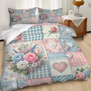 2/3Pcs Charming Pastel Floral Duvet Cover Set, Patchwork Bedding Set with Gingham and Lace, Soft and Cozy for Whimsical Bedroom Decor, Perfect for a Romantic Touch in Your Home! Includes 1 or 2 Pillowcase - No filling/Zipper Closure