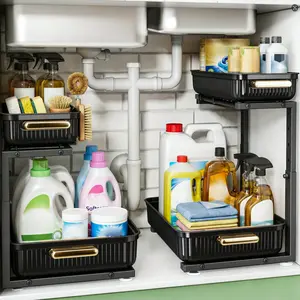 2-Pack Under Sink Multipurpose Storage Organizer Racks - Maximize Kitchen Space, Declutter - Black & Clear