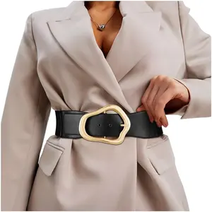 Women Wide Elastic Waist Belt for Dresses Fashion Big Gold Buckle Stretchy Leather Waistband for Ladies