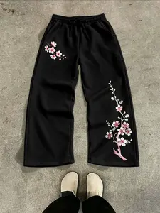 Men's Floral Print Sweatpants, Drawstring Elastic Waist, Loose Wide Leg Pants, Aesthetic Cherry Blossom Pants, Y2K Casual Sports Pants