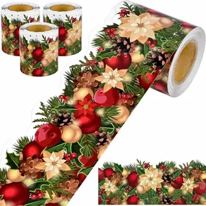 Christmas Holiday Decoration 60 Foot Theme Border Sticker for Photos Wall Panels Desktop Display Home and School Festive Decor with Festive Floral and Berry Design