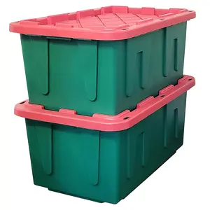 HOMZ Durabilt 27 Gallon Heavy Duty Holiday Storage Tote, Green/Red (2 Pack) Boxes Organiser